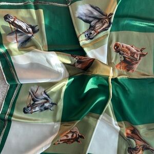 Horse Silk Scarf in Green White Brown Equestrian.

Beautiful condition